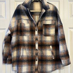 Stylish Plaid Oversized Utility Jacket in BlueBlackBrownCream